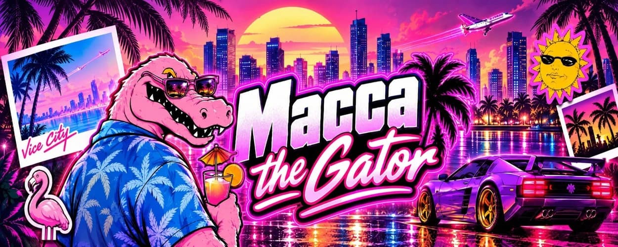 Macca the pink gator raising a cocktail in front of the neon Vice City skyline at sunset, a sports car on the wet boulevard.