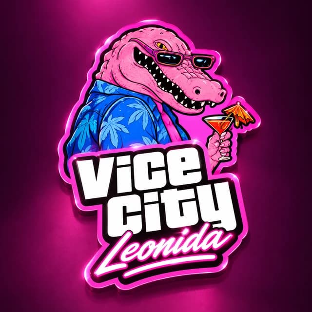 The official MACCA THE GATOR badge — the pink gator in sunglasses and a tropical shirt holding a cocktail, over Vice City lettering.