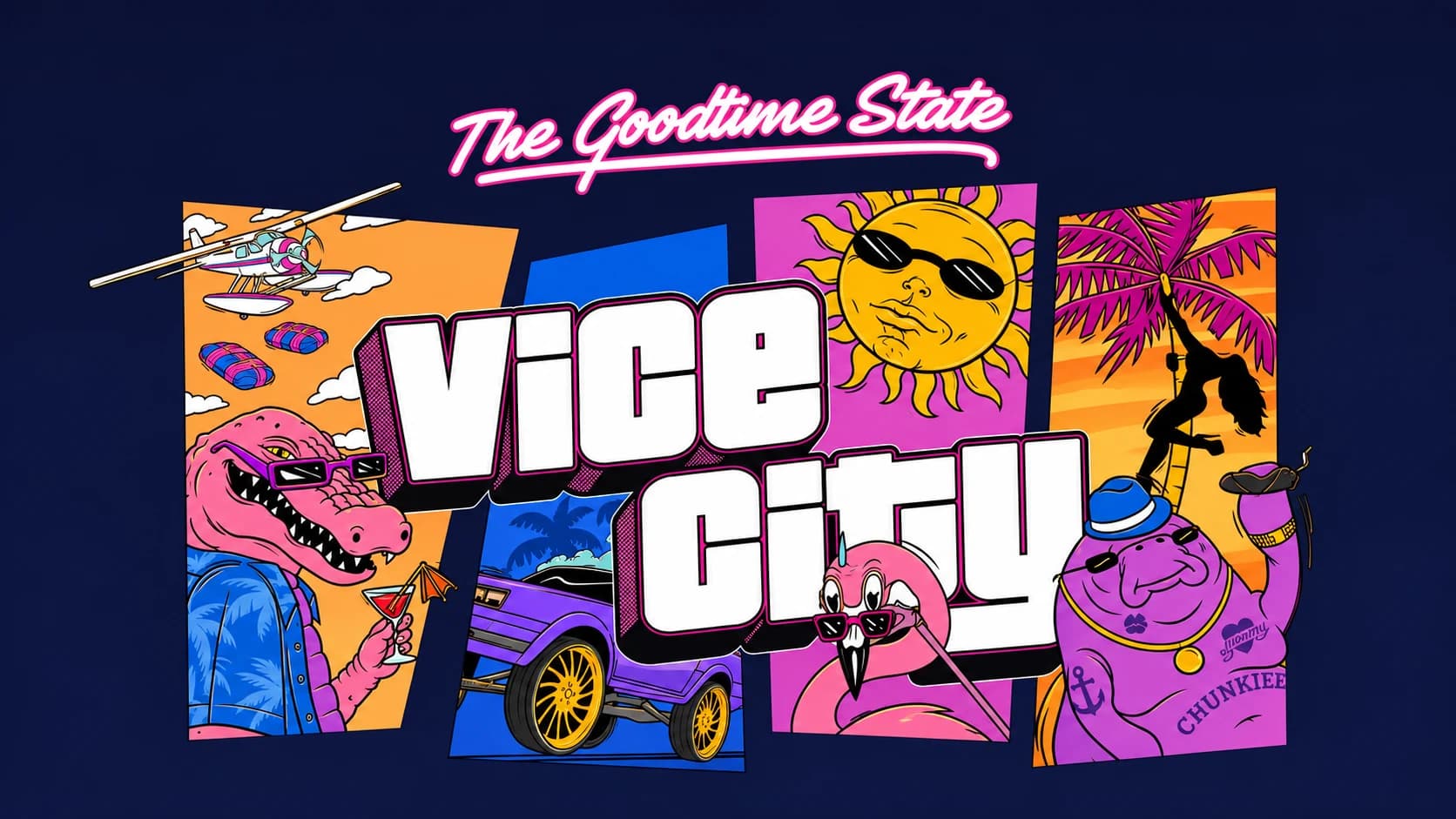 Vice City poster art: Macca the gator, a seaplane, a purple lowrider, a sun in sunglasses, a flamingo and a manatee.